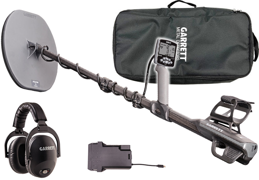 Garrett Axiom Metalldetektor mit MS-2 Kopfhörer, 13" Mono und 11" DD Suchspule