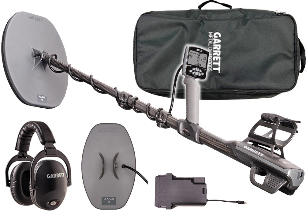 Garrett Axiom Metalldetektor mit MS-2 Kopfhörer, 13" Mono und 11" DD Suchspule