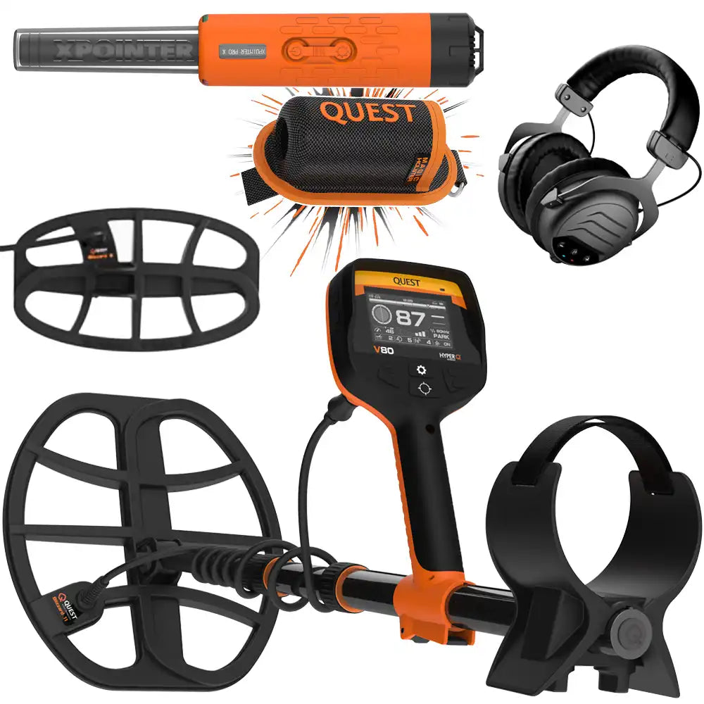 Quest V80 Double Blizzard Metalldetektor + gratis XPointer Max Pinpointer mit Magic Holster